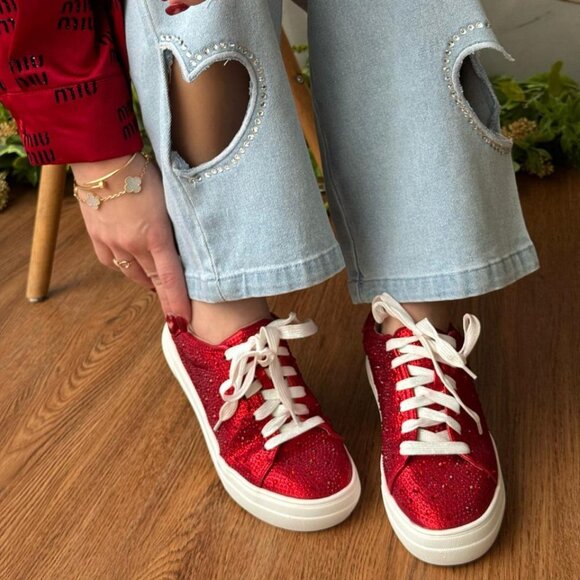NEW🔥 Sparkling Red Rhinestone Crystal Embellished Lace Up Flat Platform Sneaker - Picture 2 of 8